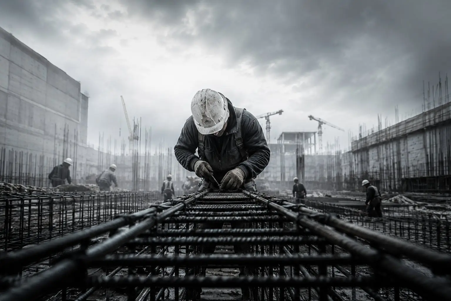 Eisenbieger beim Binden der Bewehrung auf der Baustelle